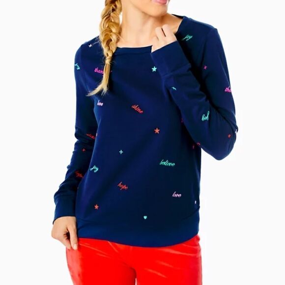 $108 NWT Lilly Pulitzer Rami Good Vibes Embroidered Navy Sweatshirt Size LARGE - Picture 1 of 3